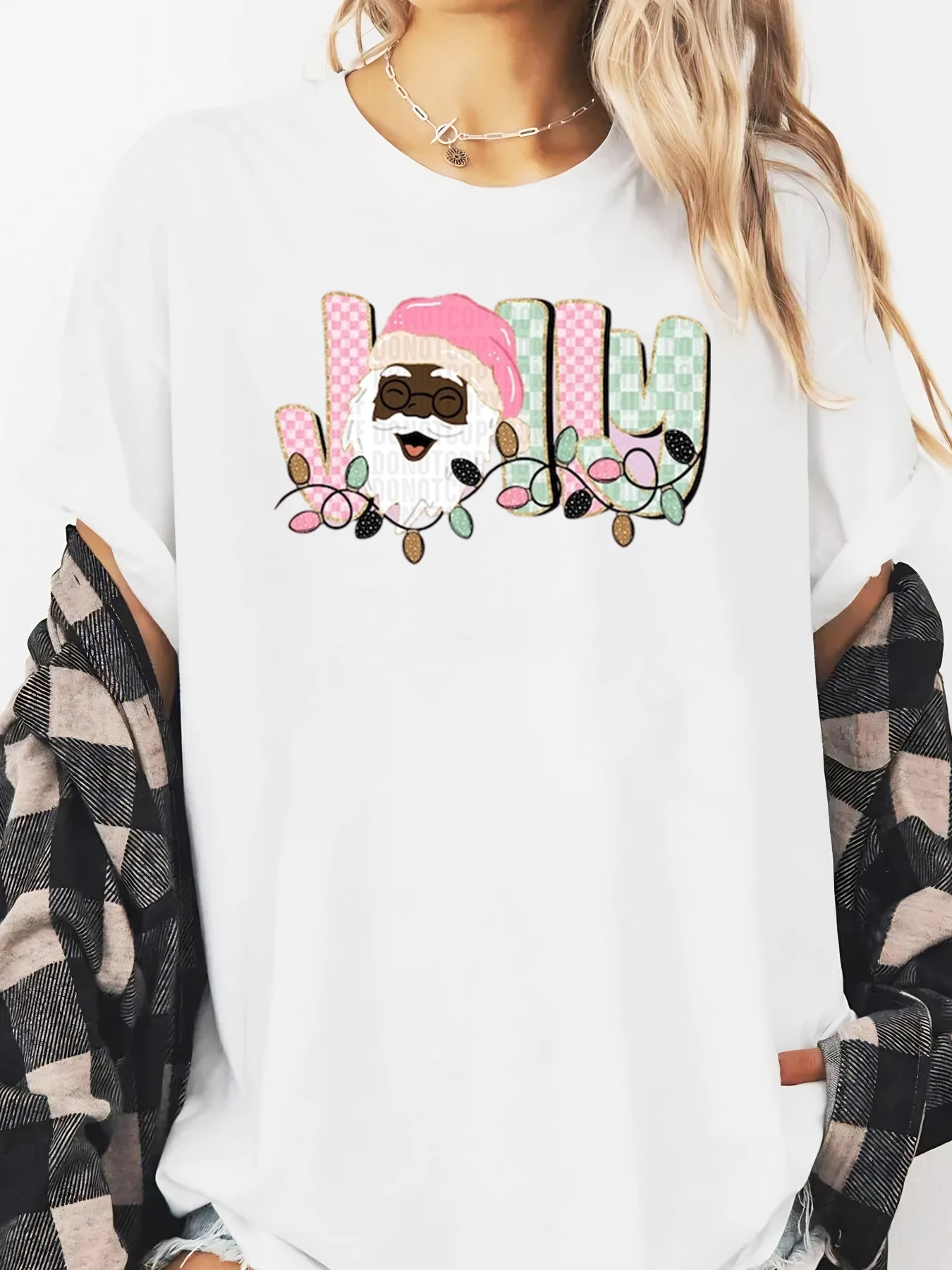 Kerstman Gezicht Patroon Kerstvakantie T-shirt met lange mouwen Dames Casual Winterkleding Wit Plus-maat