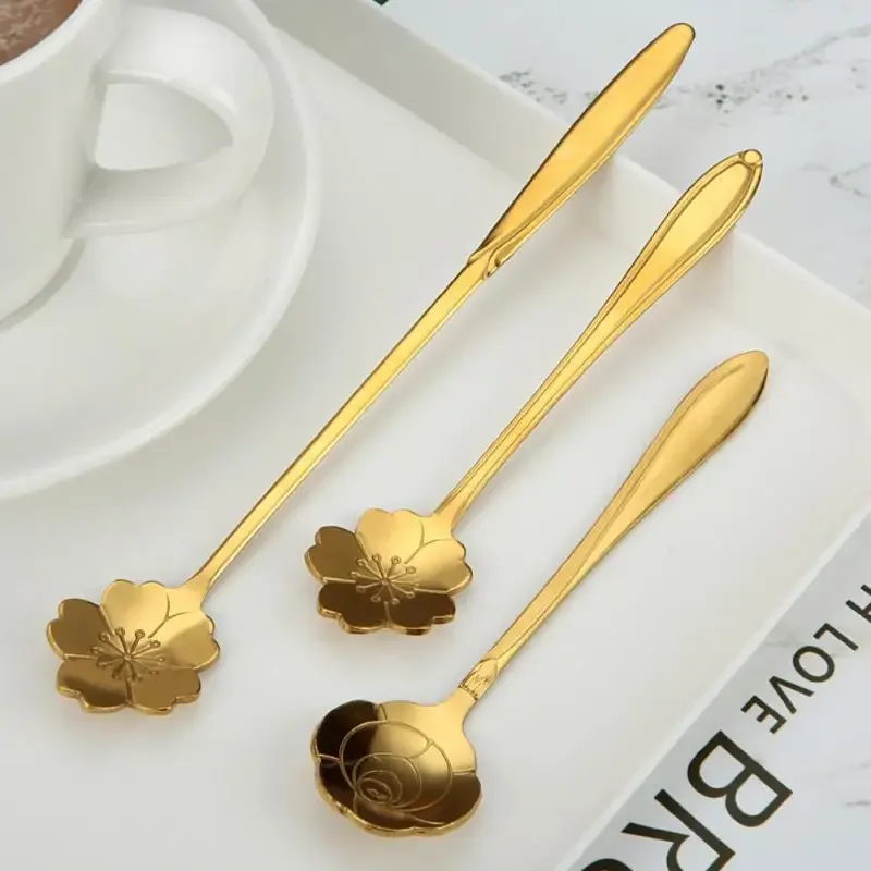 New Flower Spoon Set Small Teaspoon Coffee Spoon Cute Ice Cream Dessert Spoon Silver Gold Stainless Steel Spoon For Coffee Tea