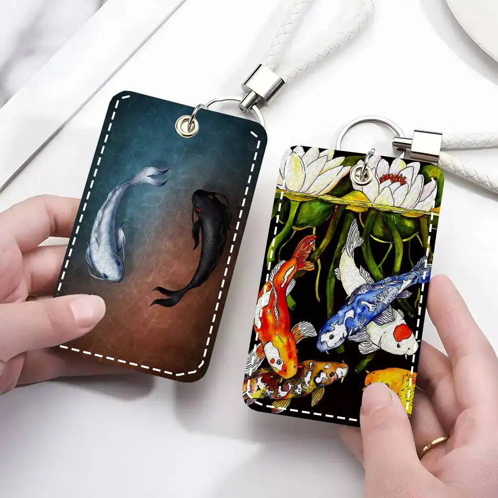 Koi Fish Card Case Keychain Access Card Bag Key Tag Ring Leather Card Holder Key Ring Access