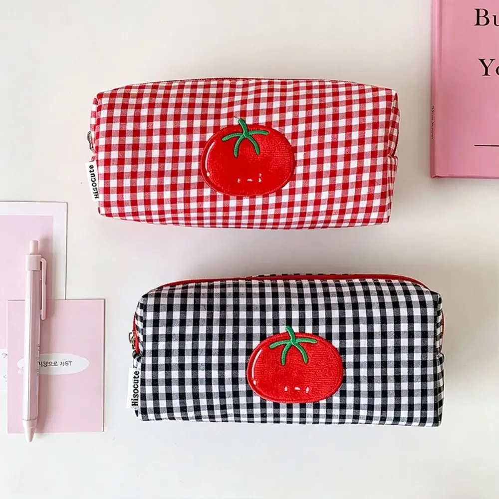 Multi-functional Canvas Pencil Case Large Capacity Storage Organizer Pencil Pouch Tomato Gingham Cosmetic Bag Home Travel