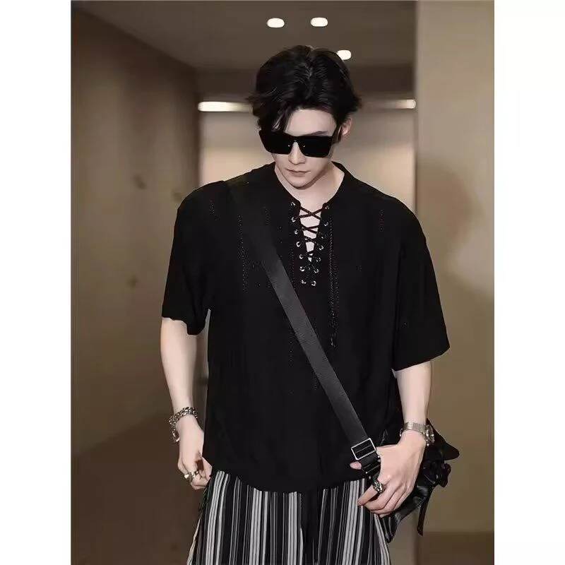 Men's Hollow Out Lace-Up Short Sleeve Shirt 2025 New Streetwear Harajuku Fashion Casual Loose Black Top Ins Style Y2K Trendy Tee 5