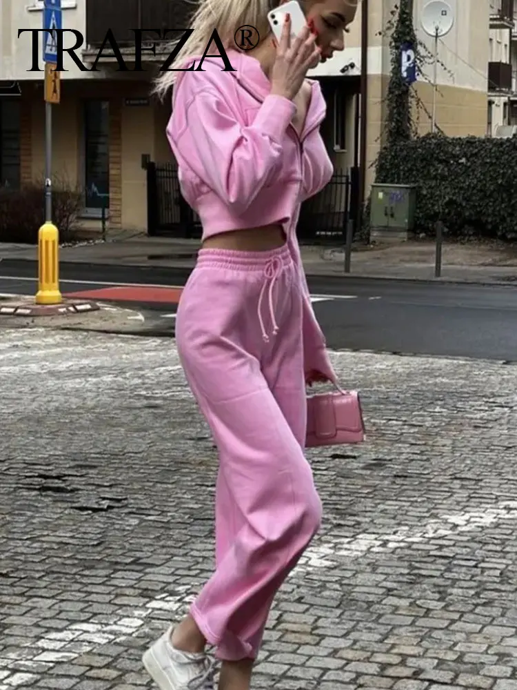 TRAFZA Spring Women Casual Wide Leg Pant Elastic Waist Drawstring Loose Trousers Fashion Solid Y2k Woman Elegant Pants