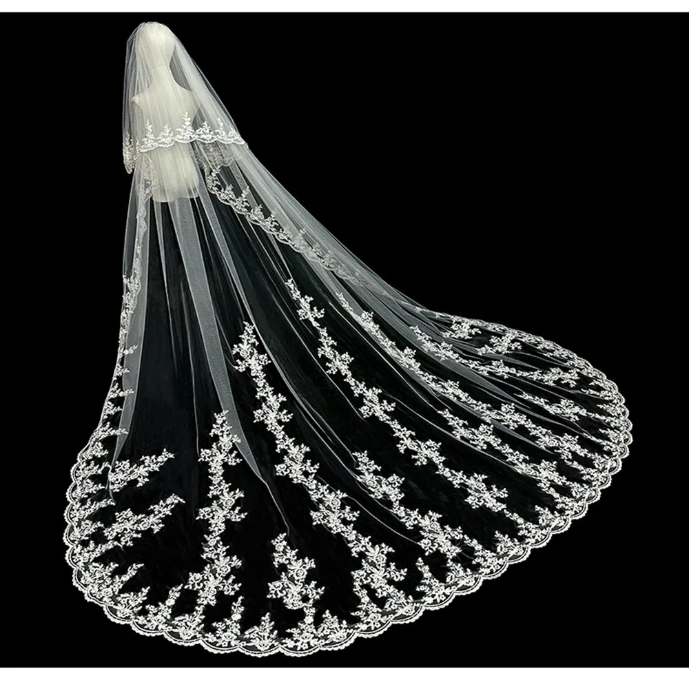 White Ivory 3M 4M 5m Two Layer Wedding Veil With Comb  Lace Edge Bridal Veils Appliqued Cathedral  Wedding Accessorie