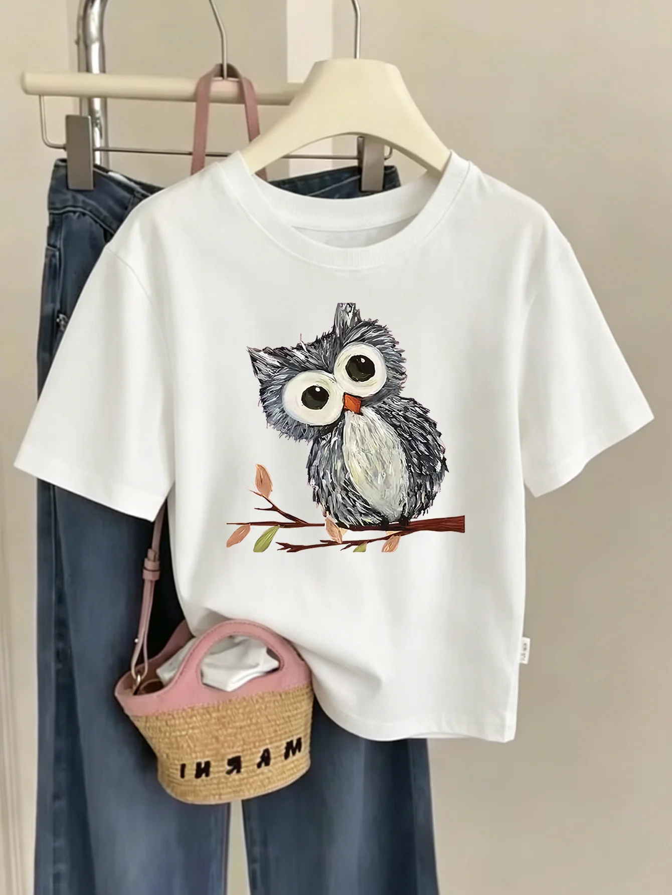 Kids Cute Hand Painted Owl On Branch Graphic Tee Boys Girls Family Matching Short Sleeve Forest Animal Casual Everyday T Shirt