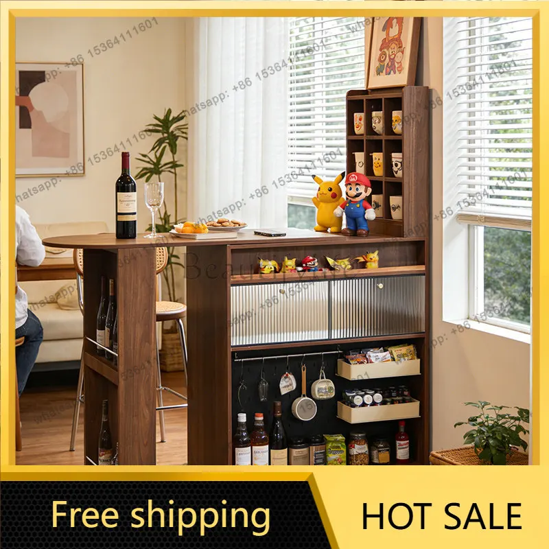 YJ Mid‑Century Extendable Bar Table Multifunctional Double‑Sided Storage Sideboard Partition Cabinet For Home Dining Living Room