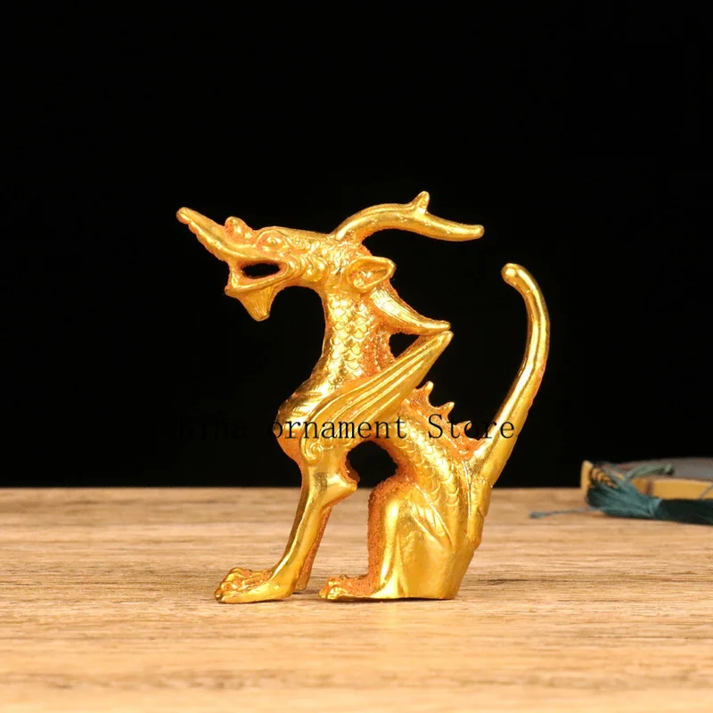 Alloy gilded antique dragon with long tail, Qilin mythical beast figurine, home decoration, craft ornament, miscellaneous collec