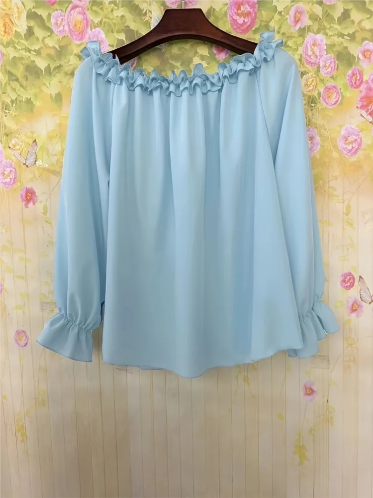 

Autumn New Arrival Elegant Women's Shirt Summer Solid Color Flare Sleeve One-line Collar Long Sleeve Loose Blouse Top Female