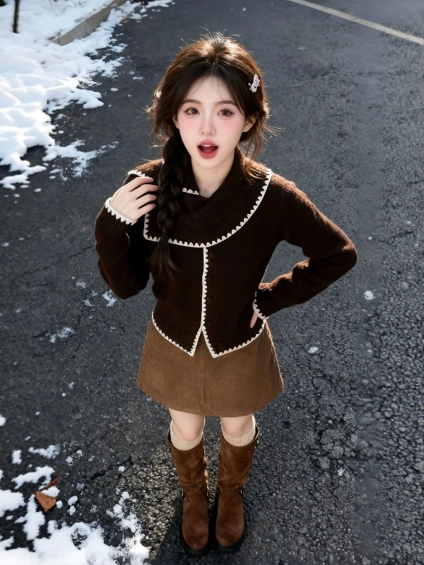 

Spring Aosphere Knitted Set Gentle Sle f Skirt Age Reduction Whole Set Comfortable Faion Women's Ensemble round Ne...