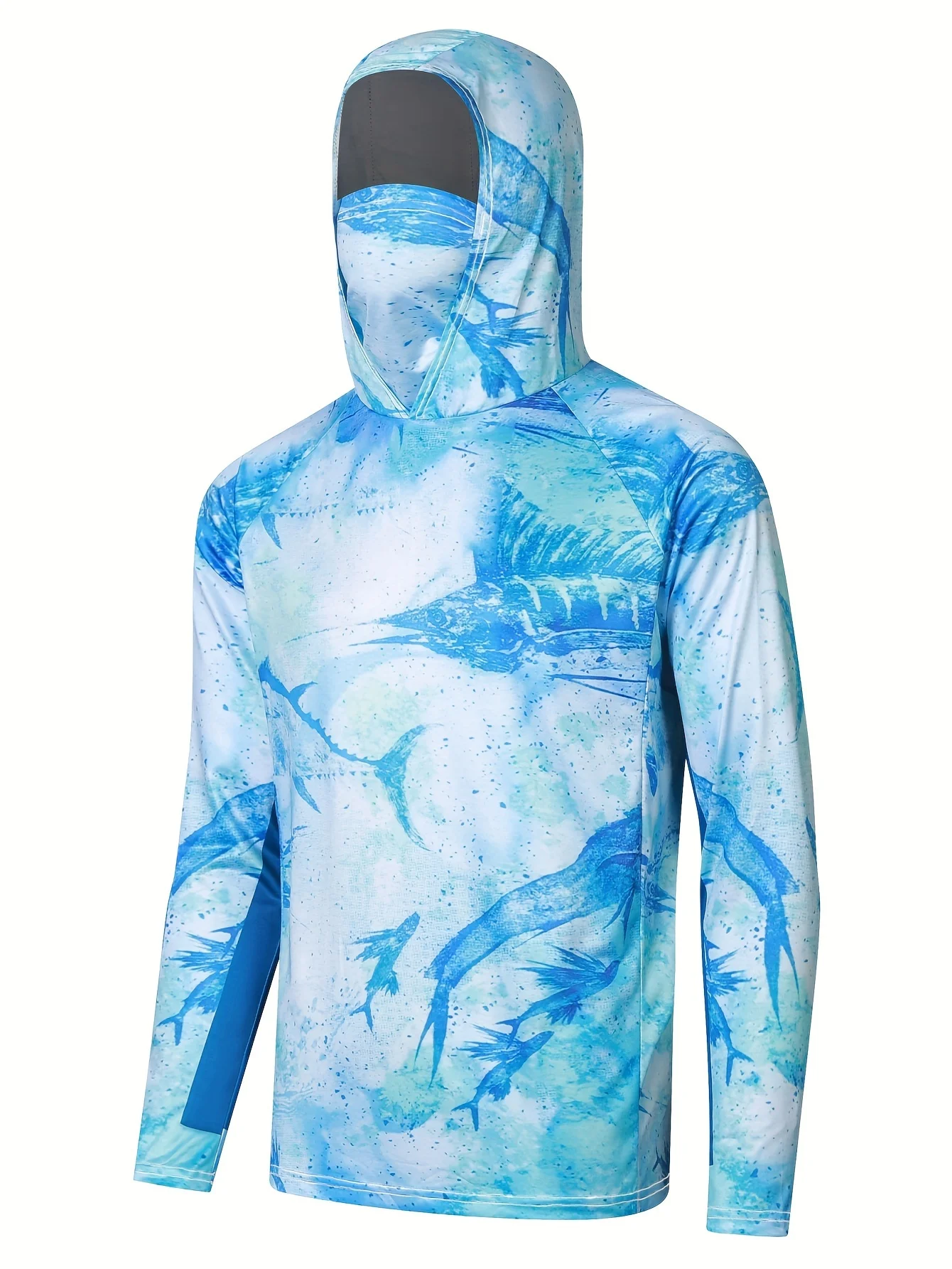 Men's Sun-Protective Hoodie with Mask - Quick Drying & Breathable, Stretchy Long Sleeve with Swordfish Design for Fishing & Outd