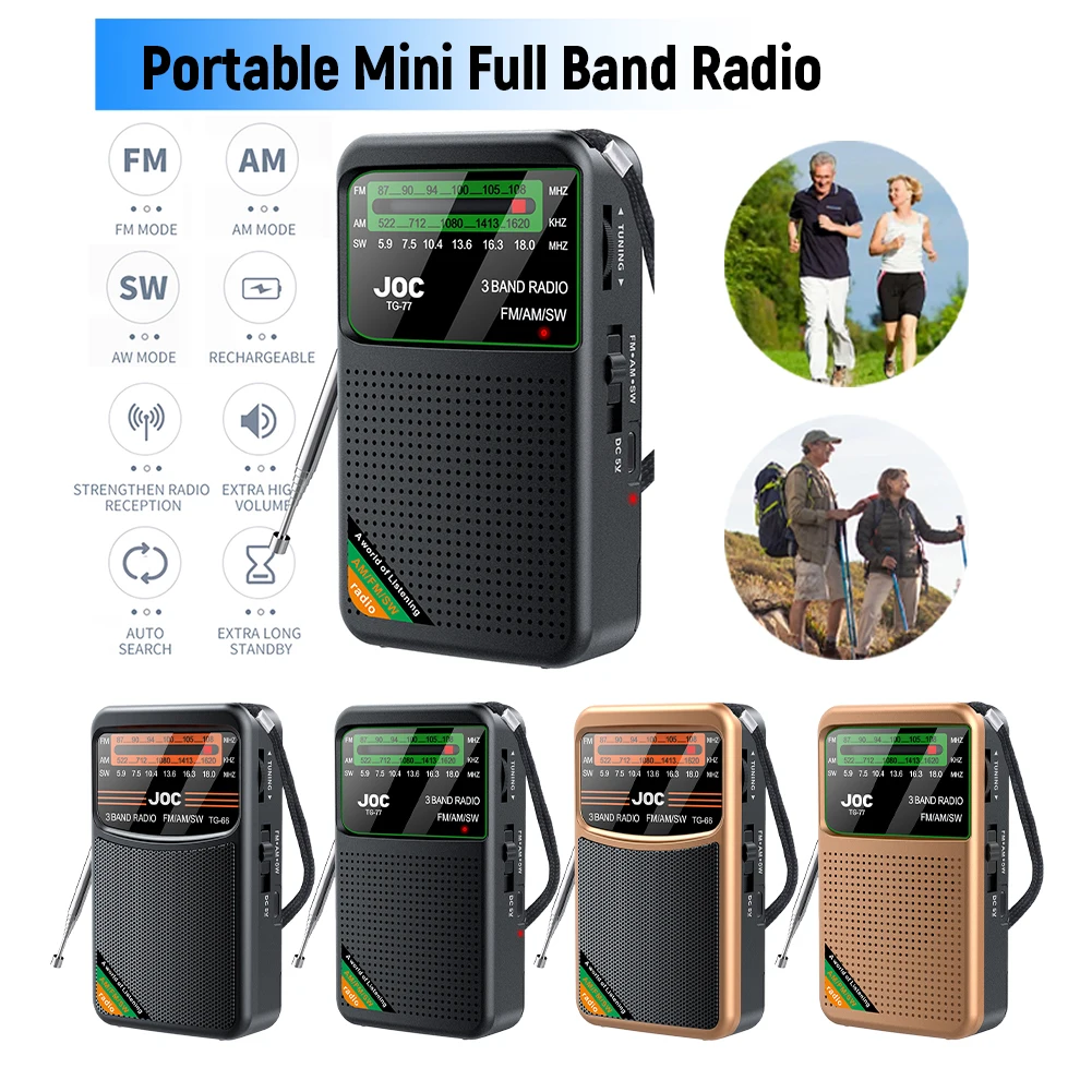 Portable Mini Full Band Radio FM AM SW Radio Built-in Speaker Pointer Pocket Radio Type-C Rechargeable for Senior Home Walking