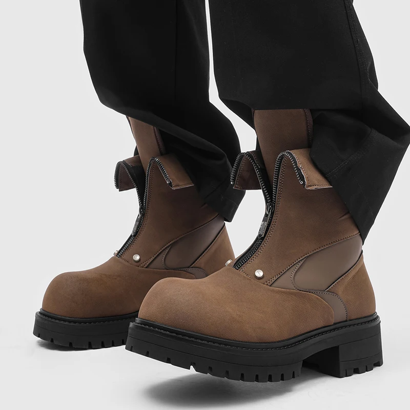Men Brown Leather High-top Zipper Boots Black-brown Leather Men Shoes Fashionable Handcrafted Style English-style New Men Shoes