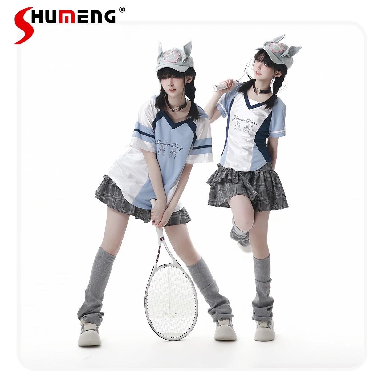 

Korean Fashion Sports Style V-neck Short Sleeves Loose Casual T-shirts Elastic High Waist Plaid Mini Skirts Two-piece Sets Women