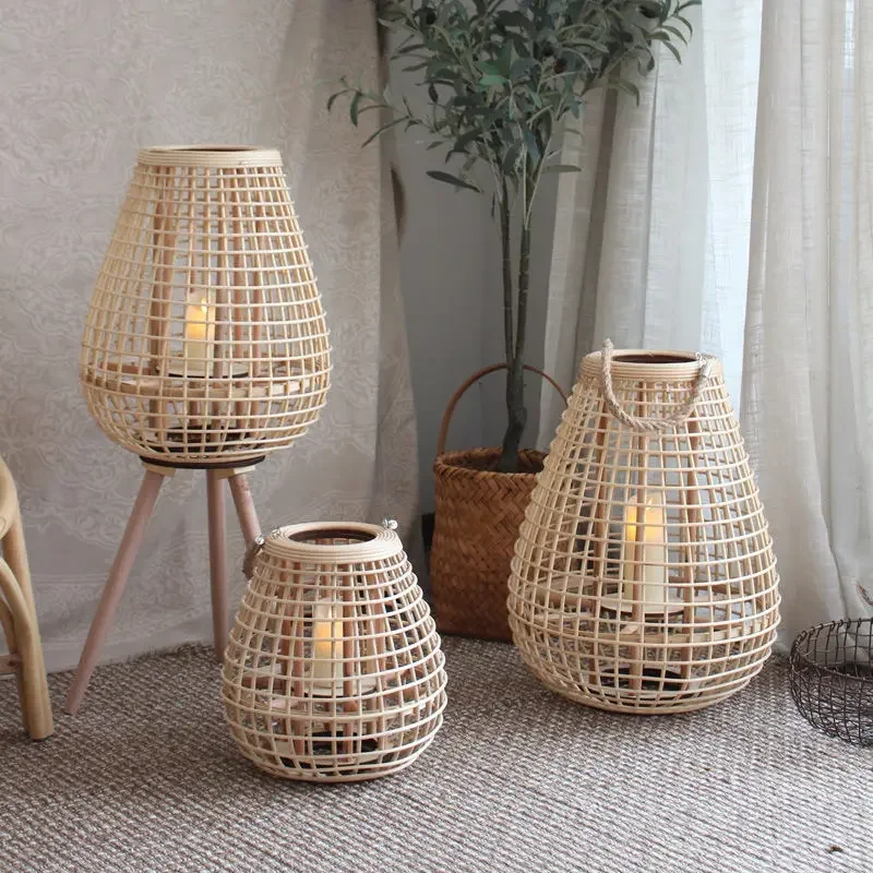 

Rattan Portable Lamp Floor-Standing Storm Lantern High Plug-in Candlestick Designer Decoration Lantern Japanese and Nordic Style