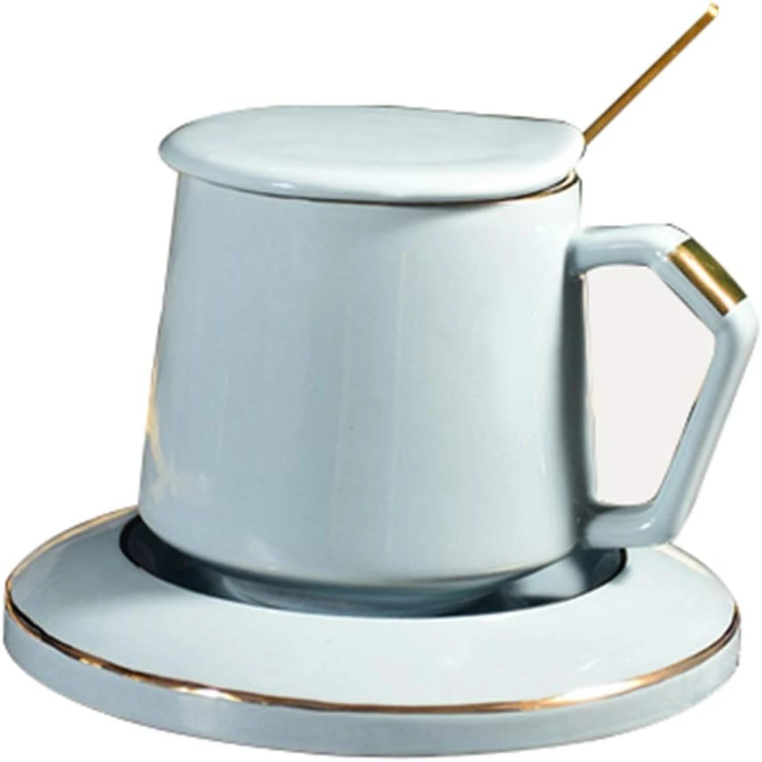 Elegant and Stylish White Ceramic Coffee Cup Set with Lid, Saucer, and Spoon - Ideal for Home or Office Use. With a Generous 350