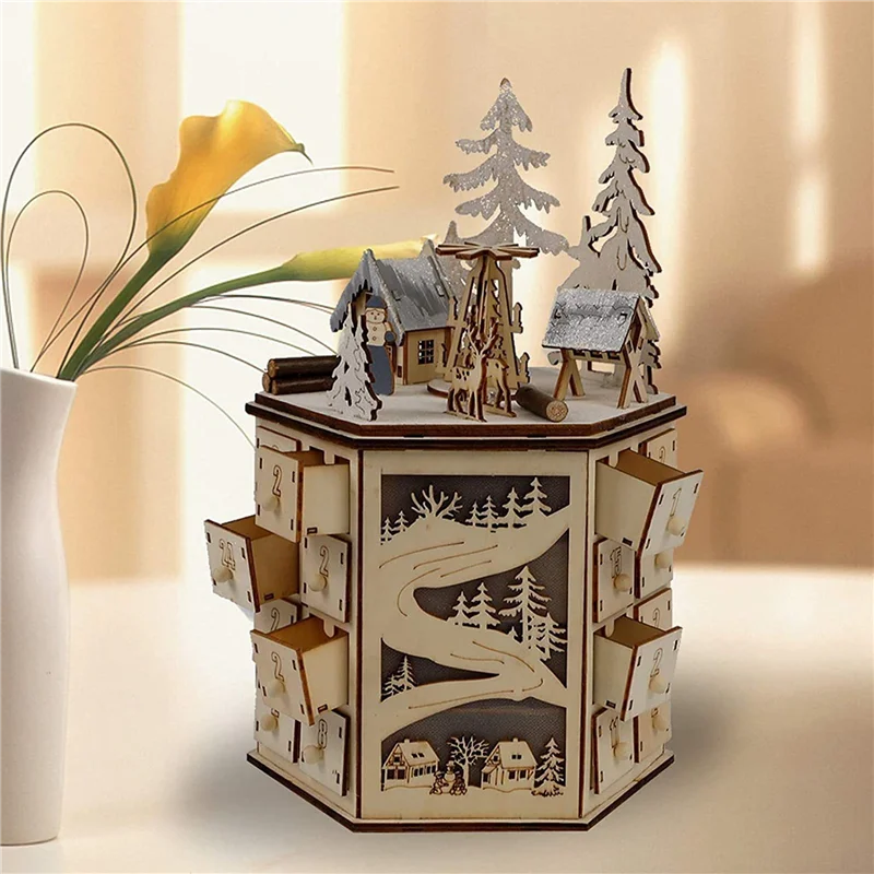 LED Revolving Music Box Advent Calendar Decorated with LED Lights Wooden Carved 24 Day Countdown to Christmas Calendar