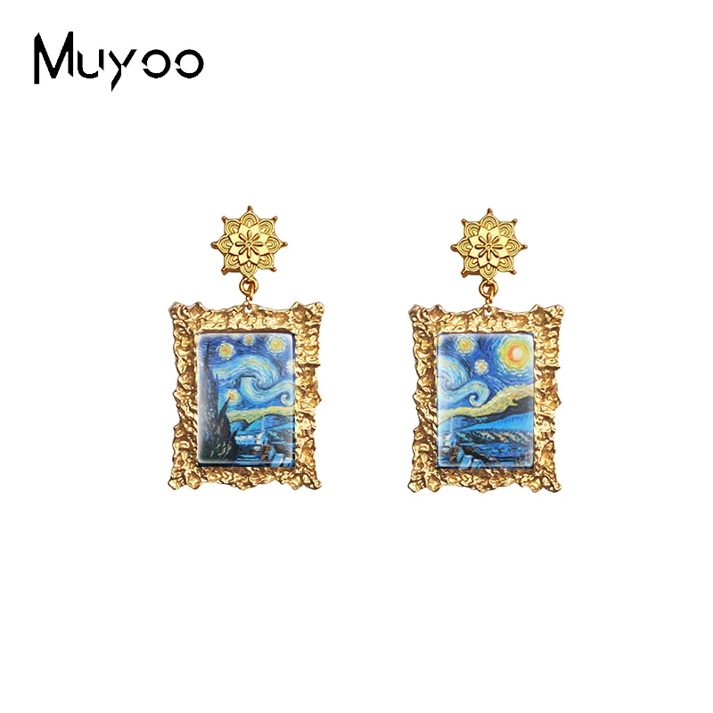 New Arrival Vintage Famous Starry Night Sunflower Oil Paintings Antique Mandala Rectangle Glass Cabochon Vintage Drop Earrings