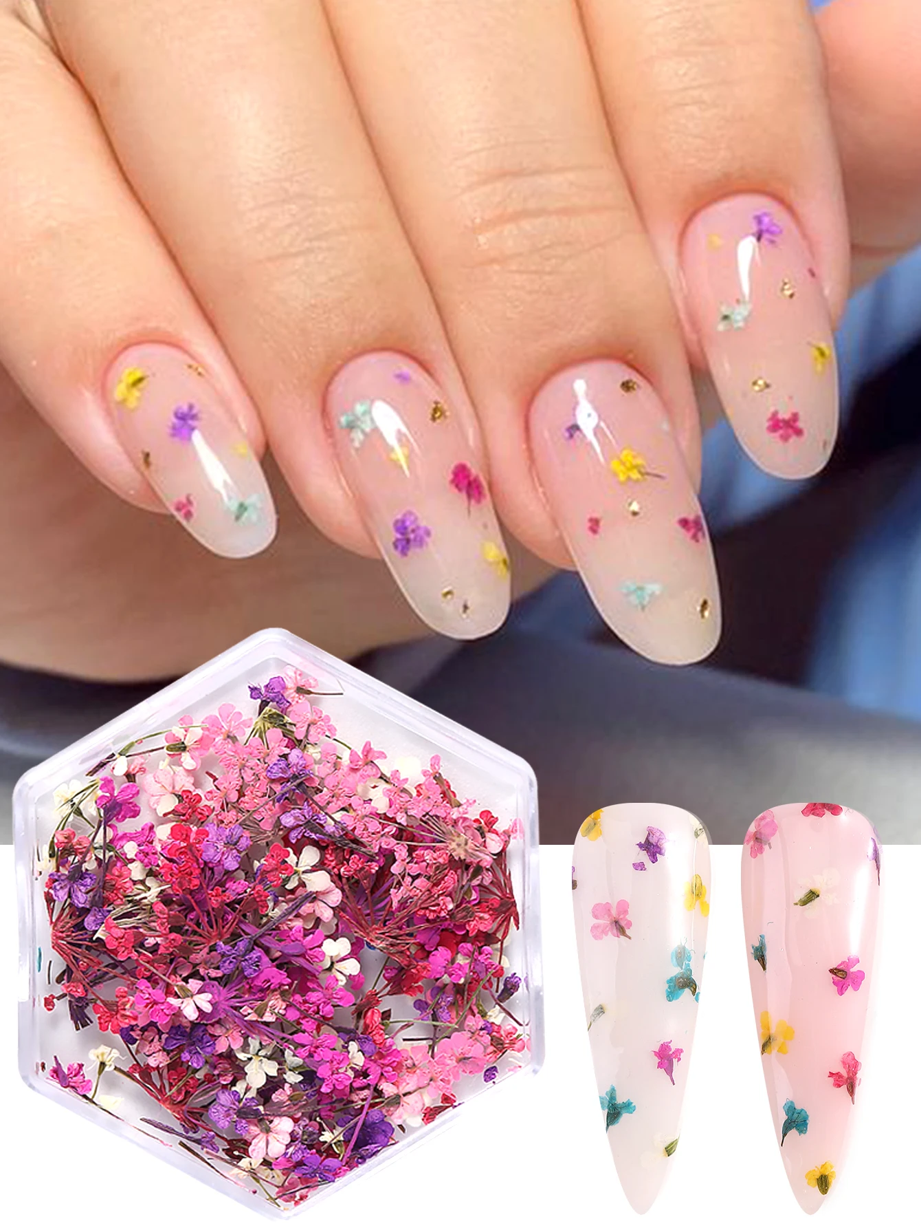 Gemischte Bunte Natürliche Blumen Nagelkunst-Charms Klein-Blau Gelb Rot Fünfblättrige Blume Natürliche Florale Maniküre-Accessoires