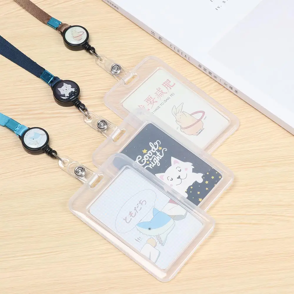 Cartoon Cute Retractable Name Badge Holder Work Card Students Bus Card Case With Lanyard Bank Credit Card School Supplies