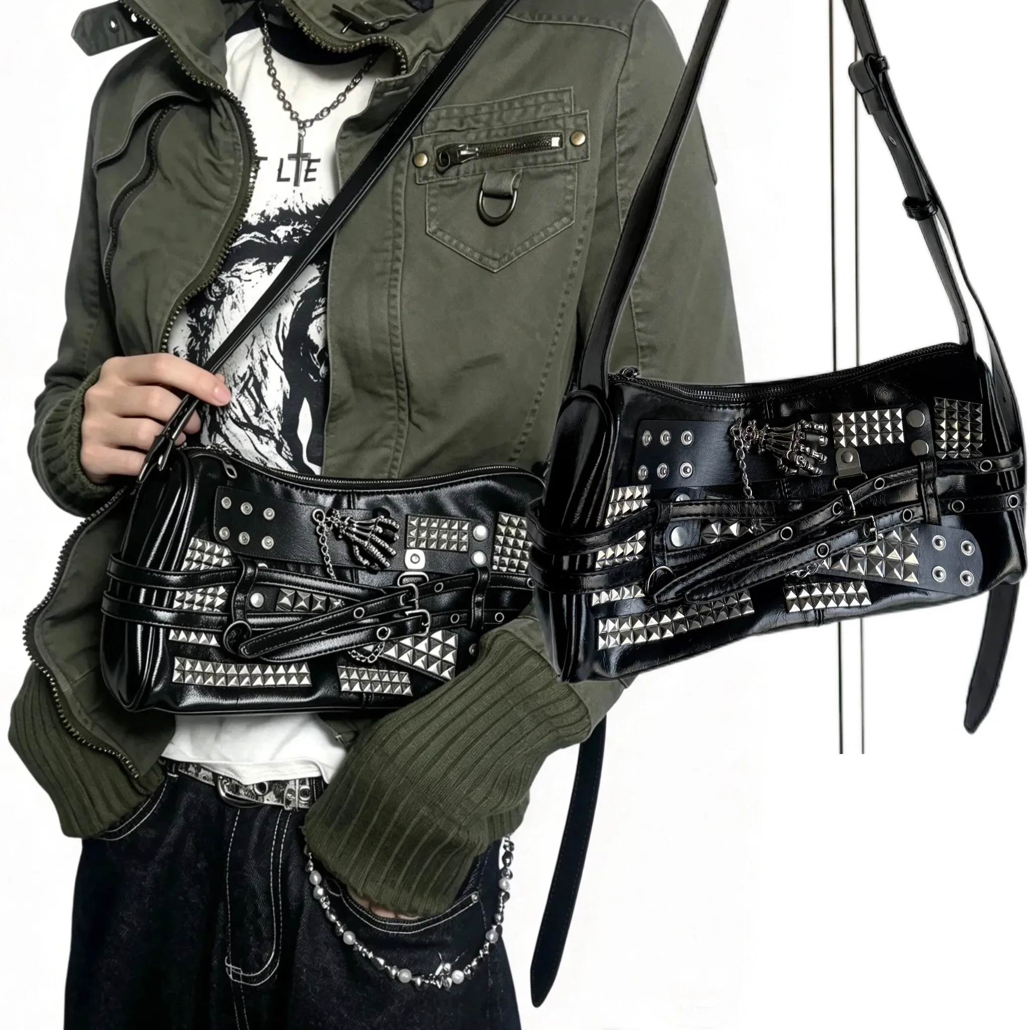 Retro Locomotive Black Chain Shoulder Bag for Women's Messenger Bag Original Punk Underarm Bag Subculture Y2k Hottie Bags