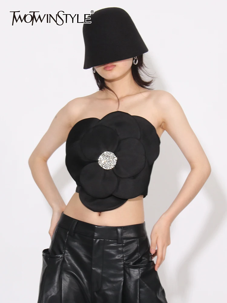 

TWOTWINSTYLE Solid Elegant Patchwork Appliques Crop Top For Women Strapless Sleeveless Spliced Diamonds Sexy Tank Tops Female