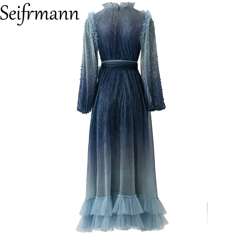 Seifrmann Gradient color stitching beaded dress round neck long sleeve tie waist long dress 2026 autumn women's new style
