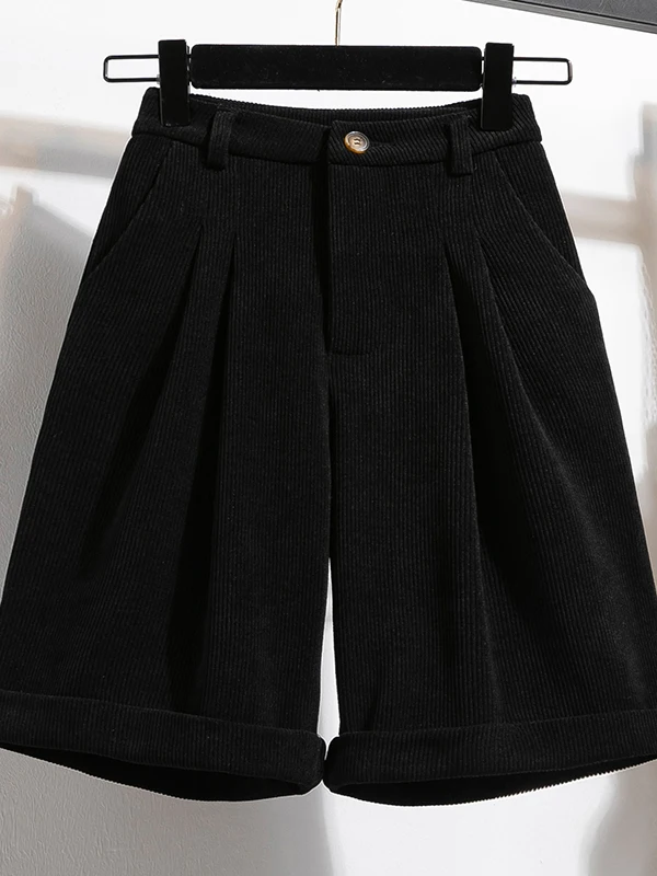 Corduroy Straight Leg Five-Point Pants Autumn Winter Brown Spicy Girl Style Women's Casual Trousers High Waist Nylon Fabric
