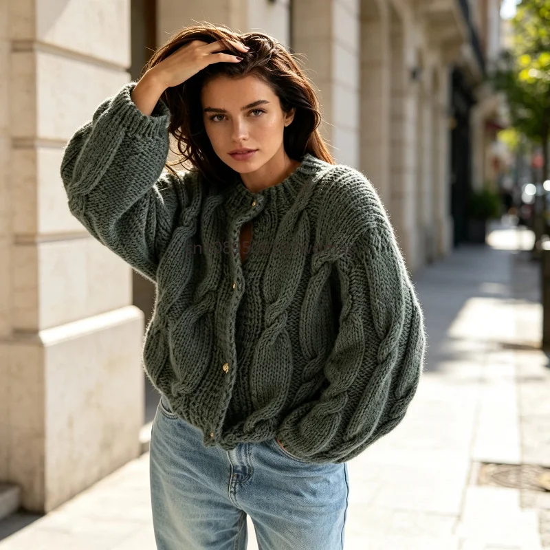 Women Chunky Knit Cardigan Oversized Puff Sleeve Sweater Jacket Vintage Loose Cropped Knitted Coat Fall Winter Casual Outerwear