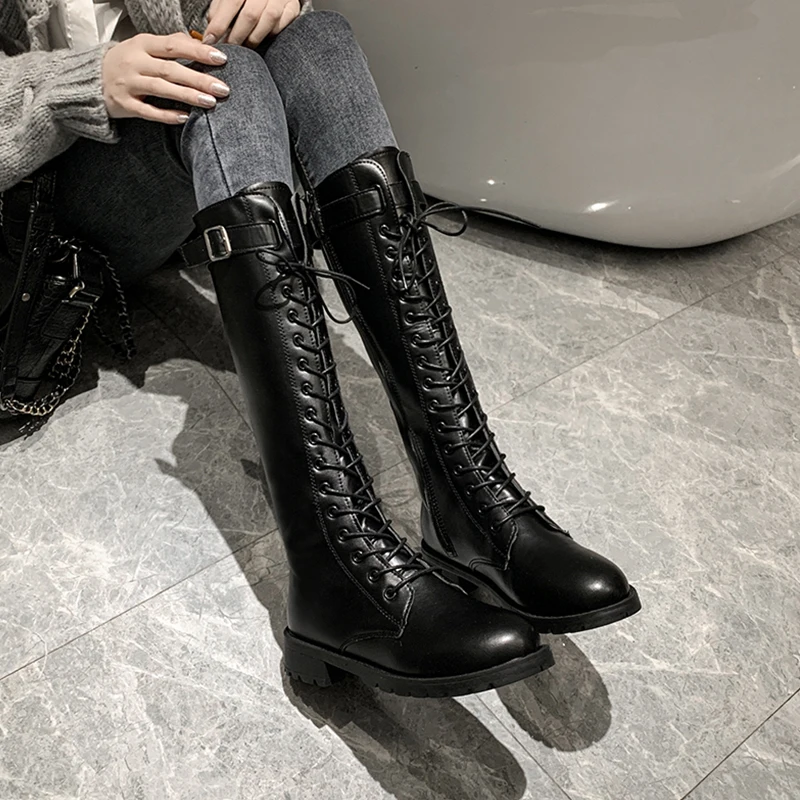 plus Size Women's Long Boots Knee-High Rider Boots Thick Leg High Tube Boot Low Heel round Toe PU Leather Rubber Outsole