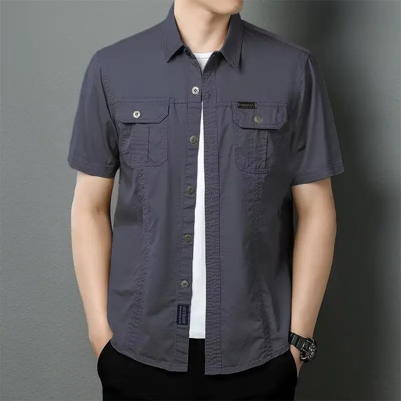 

New Men's Short Shirt Summer Korean Casual Oversized Grey Cargo Shirt Classic Retro Men Clothing Outdoor Sports Durable Top