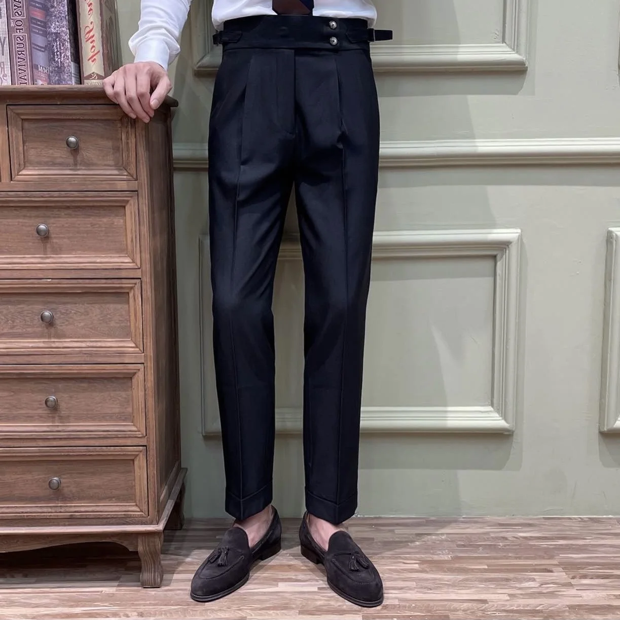 

Men's Casual High Waist Slim Fit Trousers Neapolitan Busin Straight Leg Pants Autumn Wear Iron Free Faionable Youthful