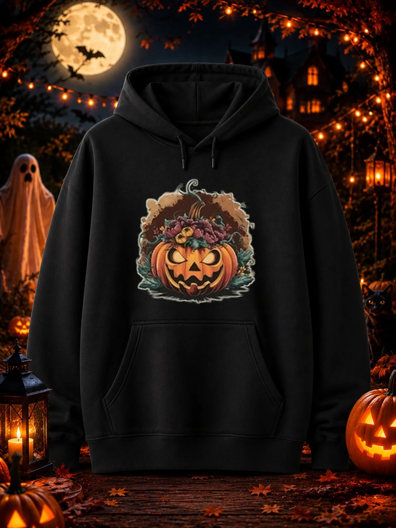 Men's Printed Hoodie Featuring a Grinning Pumpkin Carving Pattern, with Floral Embellishments on the Top and Autumn Leaves Surrounding It, Is Once Again Available as a Halloween Special Edition Retro Street Style Sweatshirt, a Trendy Casual Autumn Outfit