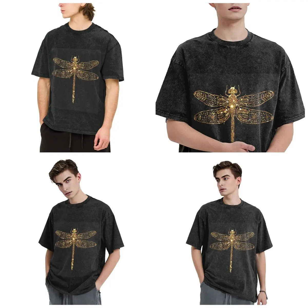 Streetwear T-Shirts Fancy Gold Glitter Dragonfly Washed T Shirt Short Sleeve Hip Hop T-Shirt Tops Tees for Men Women