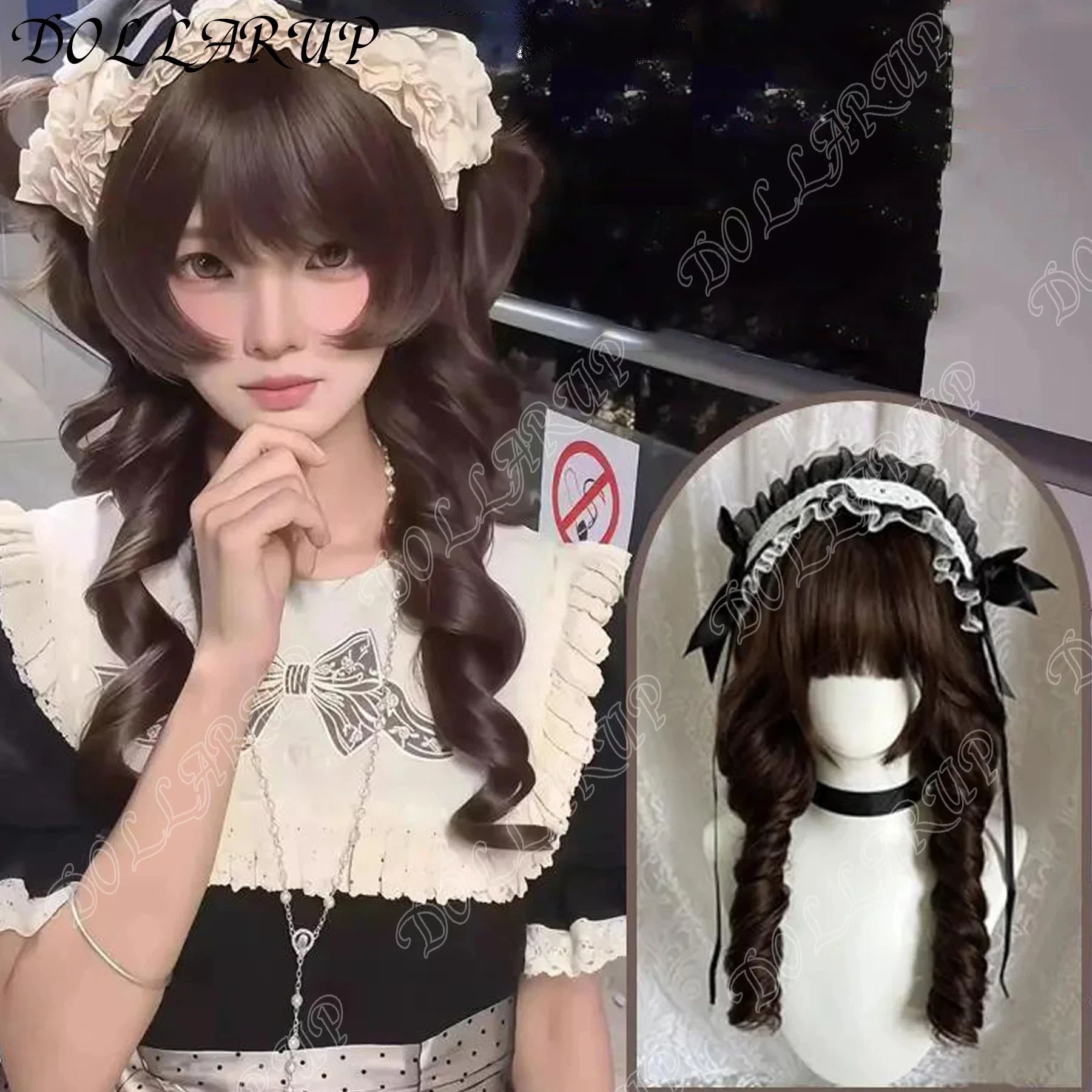 

JKL Shattered bangs with sideburns Lolita Black Color Synthetic Wigs With Bangs And Double Ponytails Short Curly Hair Wig