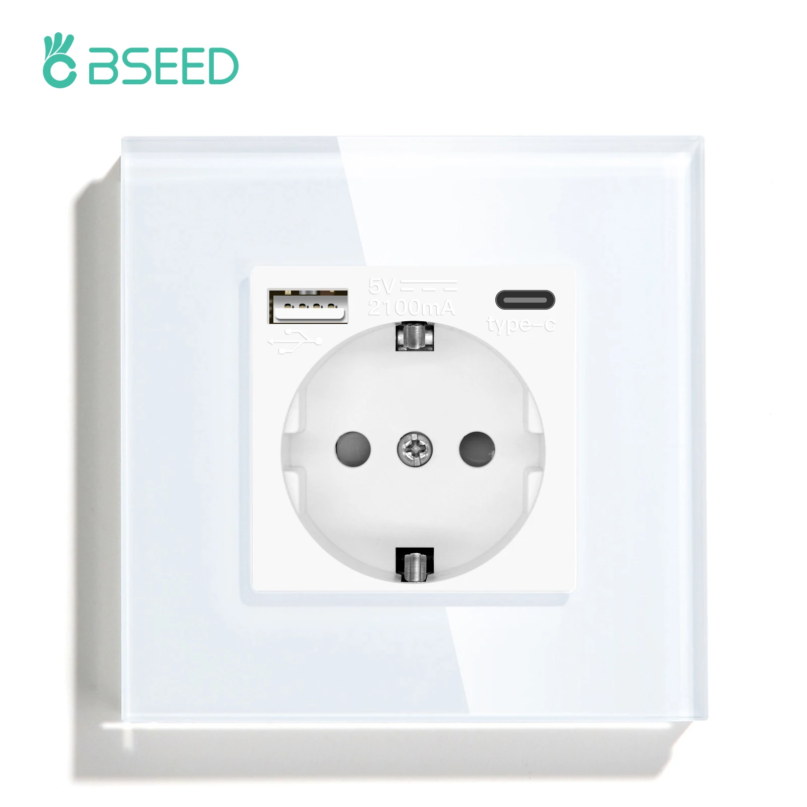 BSEED Wandsteckdose, Glasrahmen, Telefonladung, USB C, Einzelsteckdose, 16 A, EU-Standard, 110 V – 240 V, Steckdose Typ C, Wandmontage