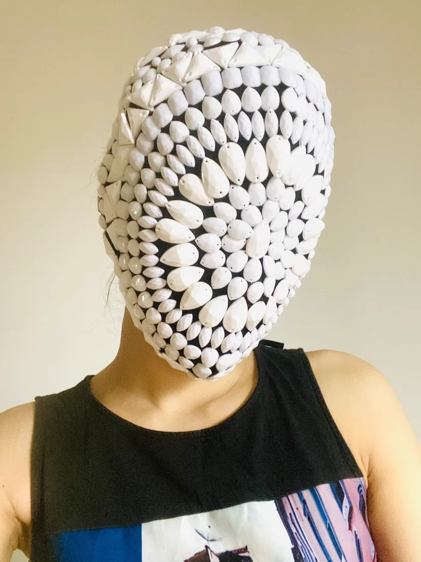 

Performance costume mask, visible full diamond white acrylic diamond headband, runway parade headwear