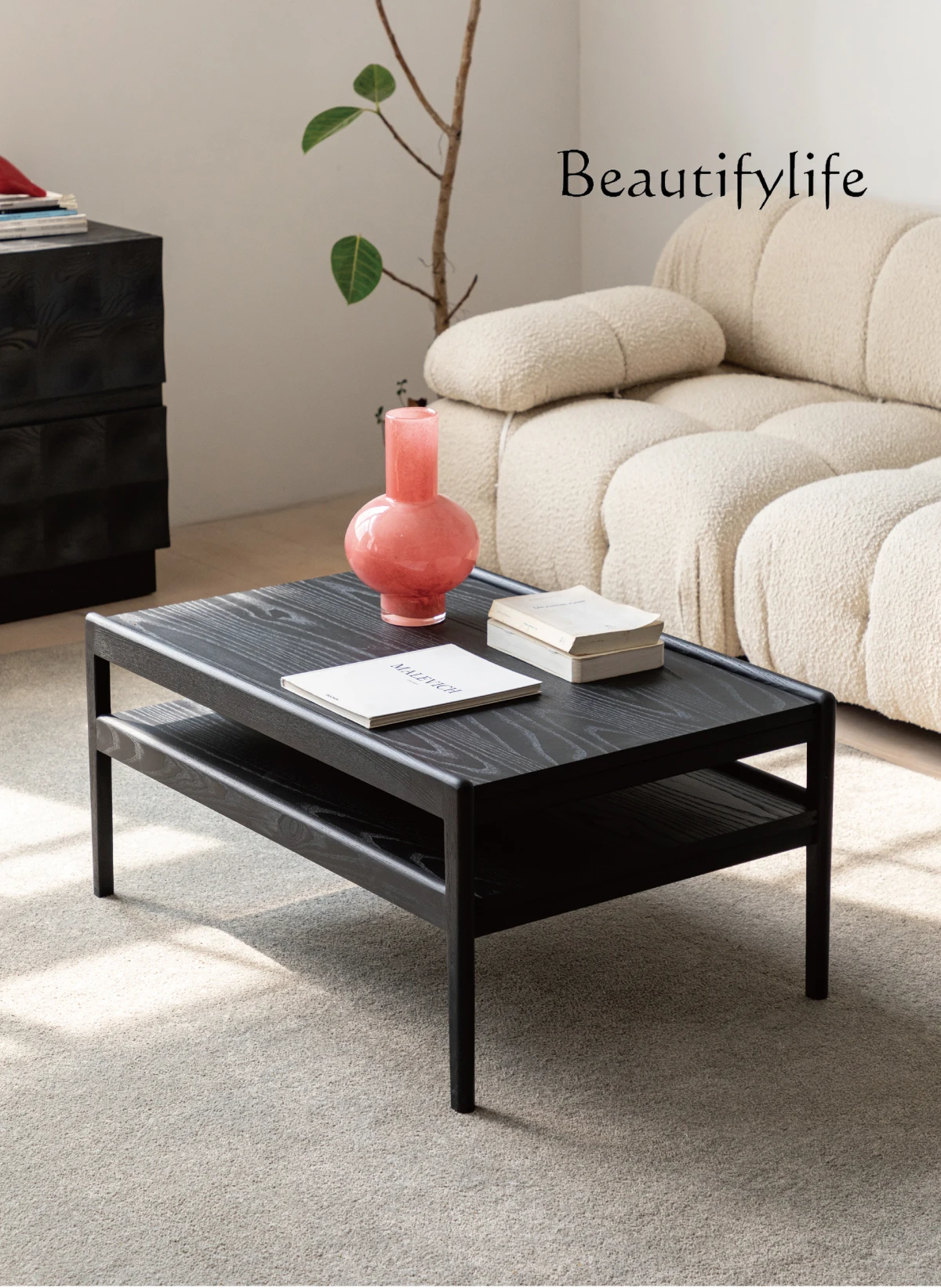 

Nordic Black Retro Coffee Table Dining Table Dual-Use Two-in-One Double-Layer Retractable Ash Wood