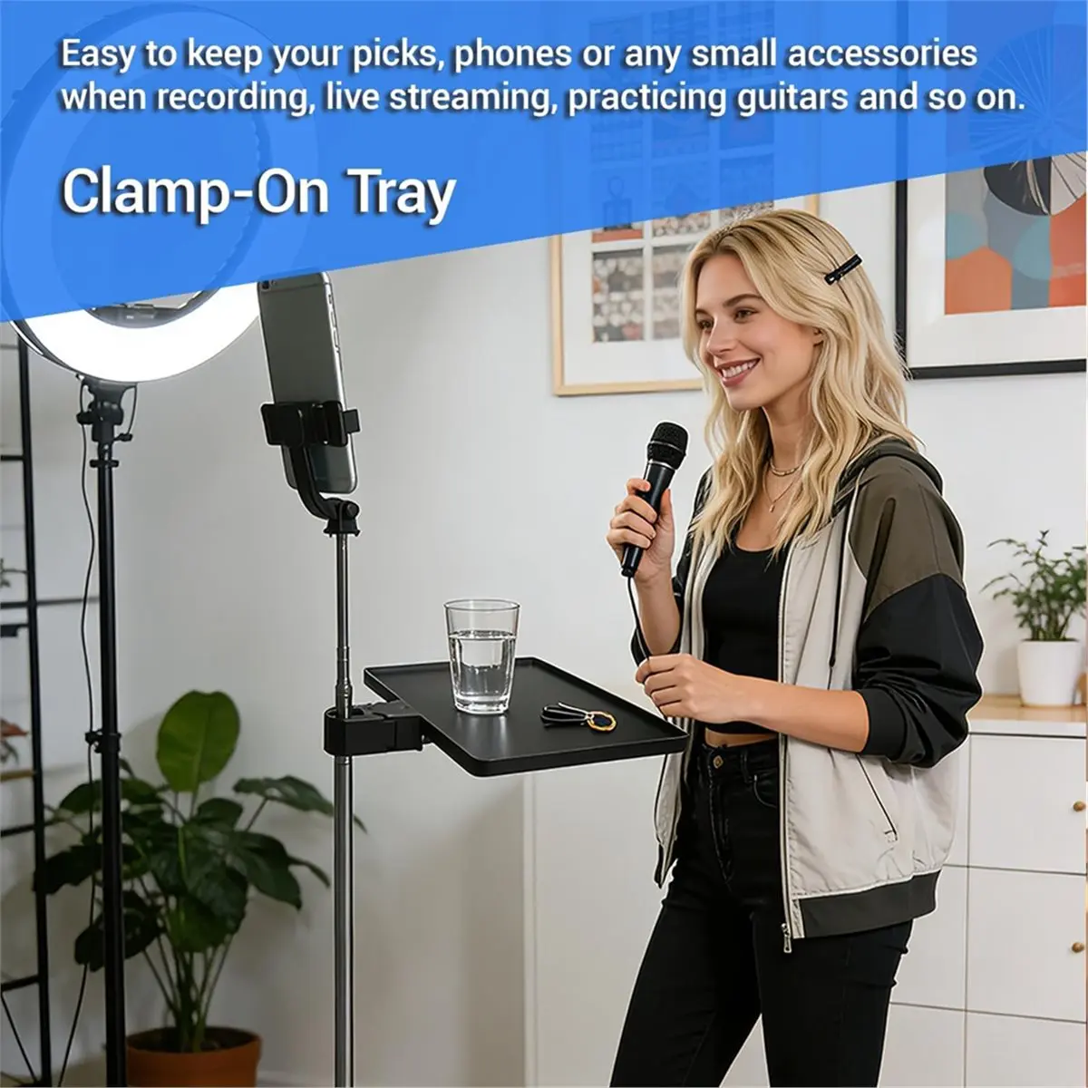 Microphone Stand Tray,Clamp on Shelf,Most Mic Stands,Large Tripod Shelf Table,Music Stand Accessories for Live Streaming