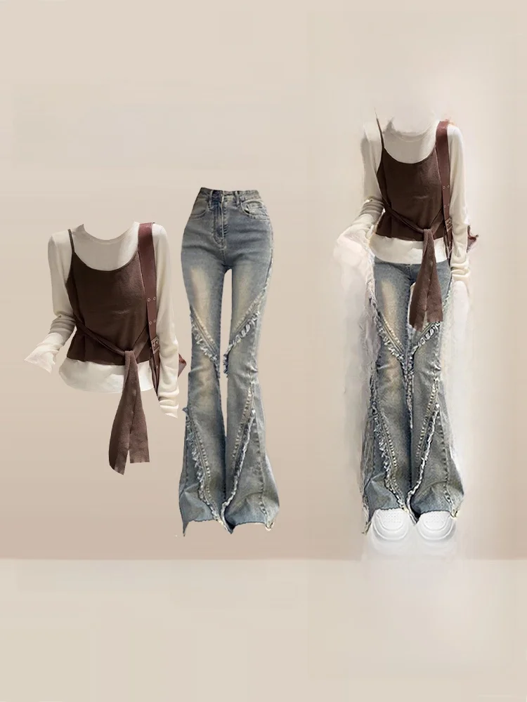 レトロ韓国風スレロングスベT-irtセット女性の冬カジュアルレイヤリングデニムベストハイウエストルーズフィットファイオンセット