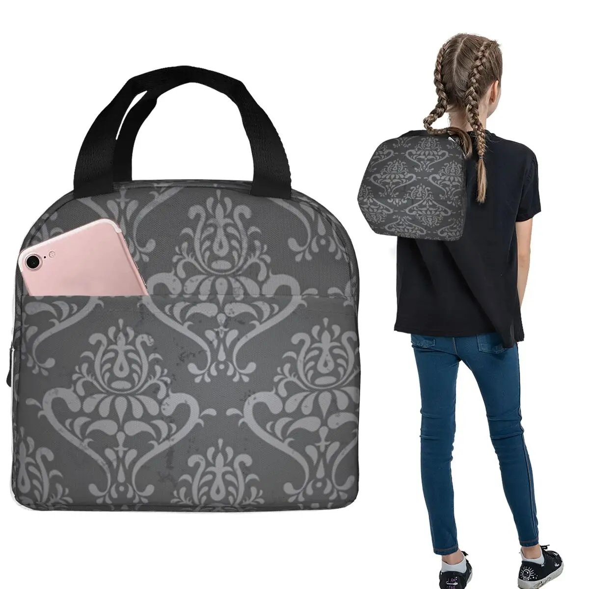 

Flowers Gothic Print Insulated Lunch Bag for Women Children Portable Food Boxes Thermal Lunch Box Tote