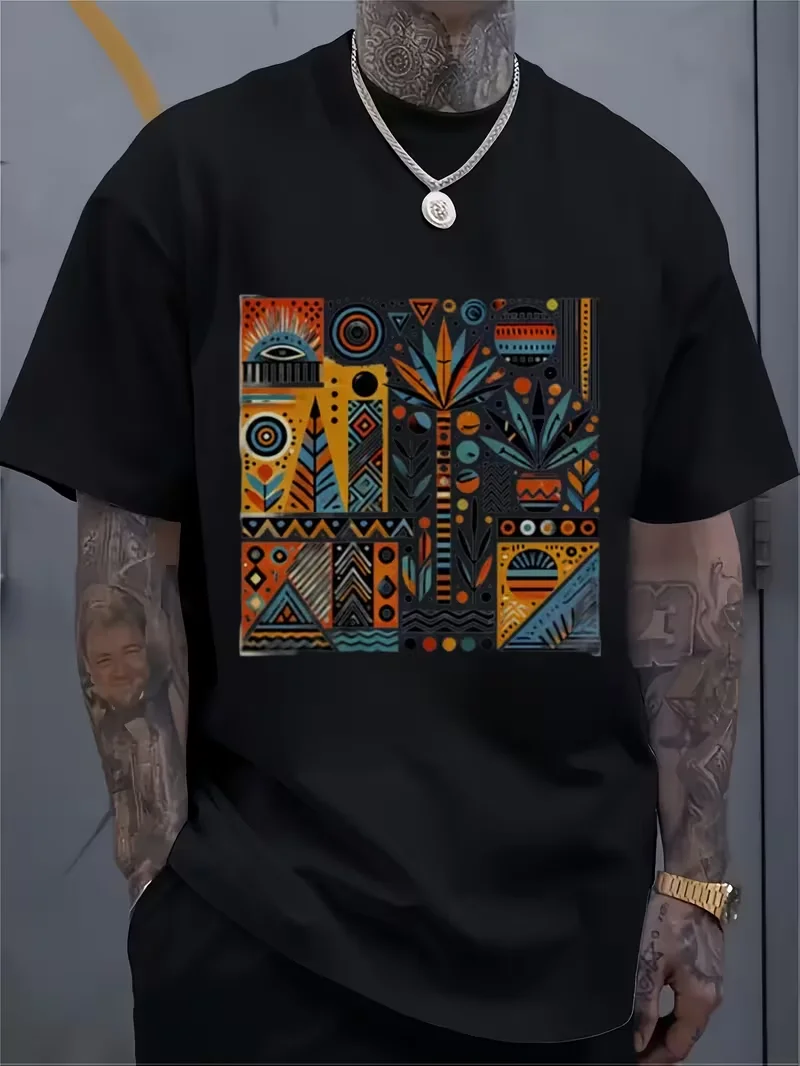 Men's Black Tribal Graphic T-Shirt - Casual Short Sleeve Round Neck Tee with Vibrant Geometric Print T-Shirt