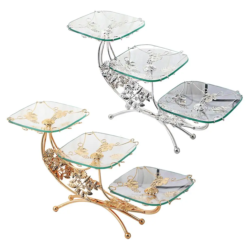 

3 Layer Metal Glass Fruit Plate Luxury Style Hotel Club Dessert Pastry Carved Cosmetics Storage Serving Tray