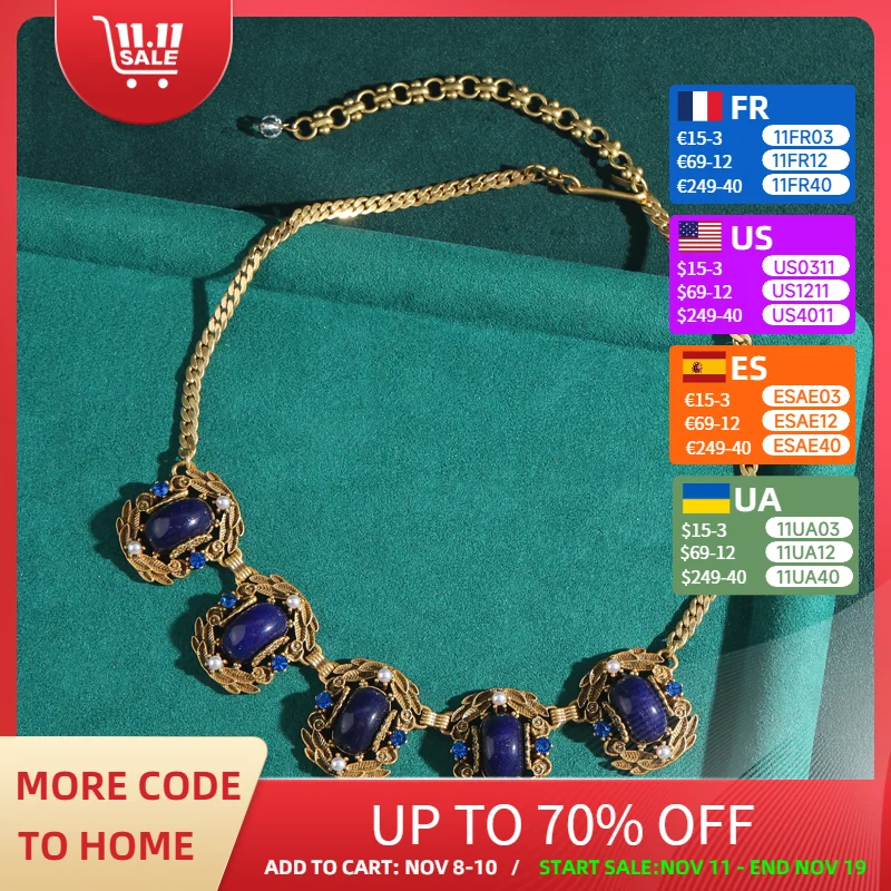 

Bohemian Jewelry Vintage Choker Necklace Gothic Blue Square Natural Stone Gold Color Carving Flower Antique Women'S Accessories