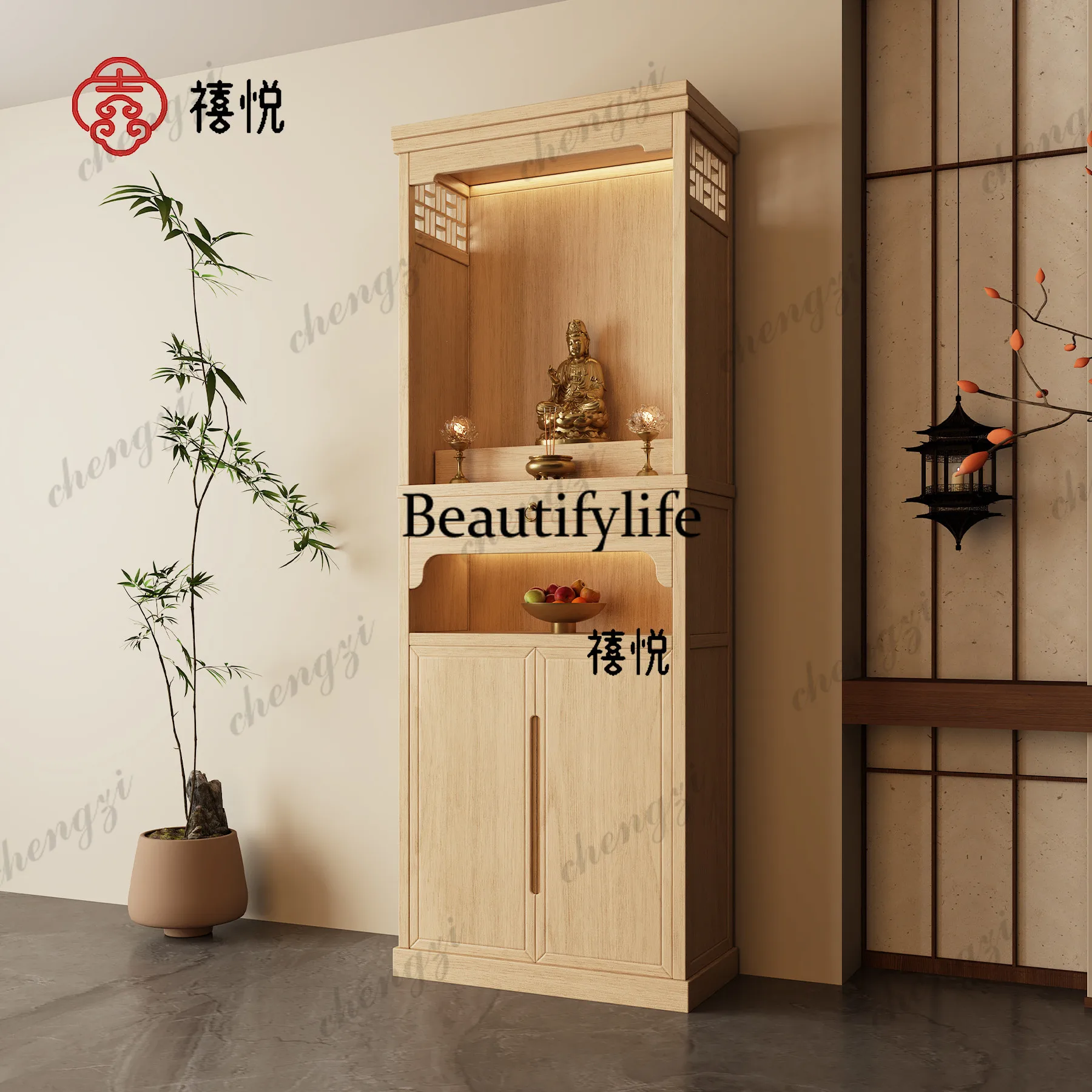 New Chinese-style Buddhist shrine vertical cabinet Buddhist altar Bodhisattva Buddhist cabinet   God of Wealth cabinet with door