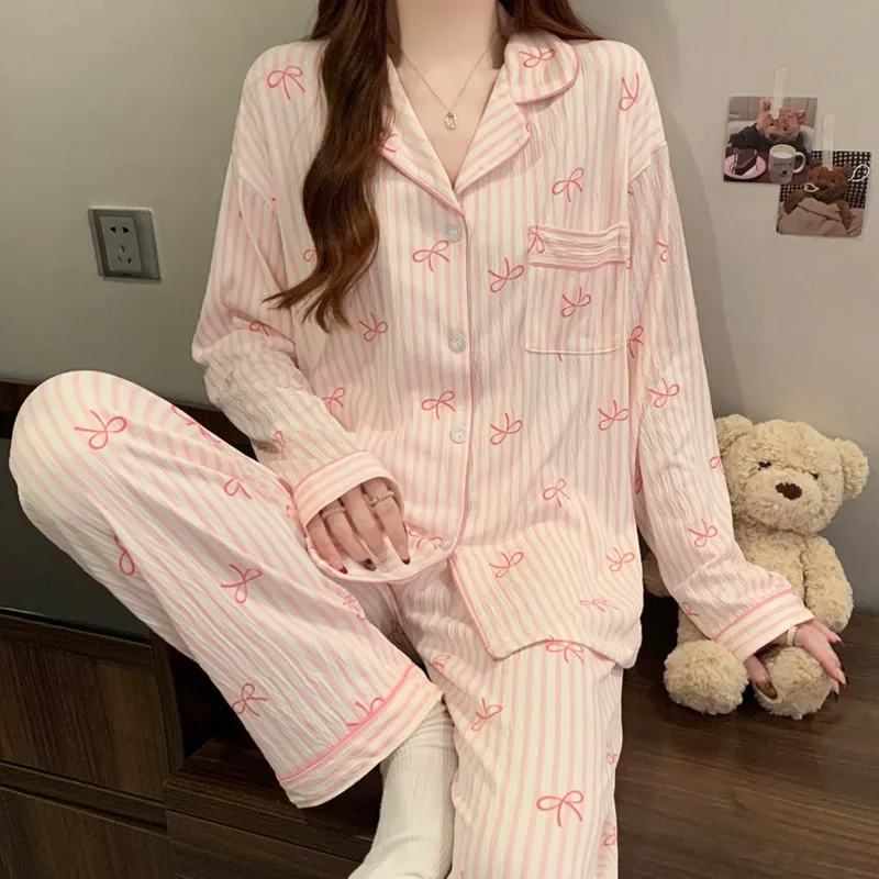 New Pajama 2/pce Set Girls Spring Autumn Bows Design Women Casual Home Long Sleeves Pants Pajamas Lady Wrinkled Cloth Loungewear