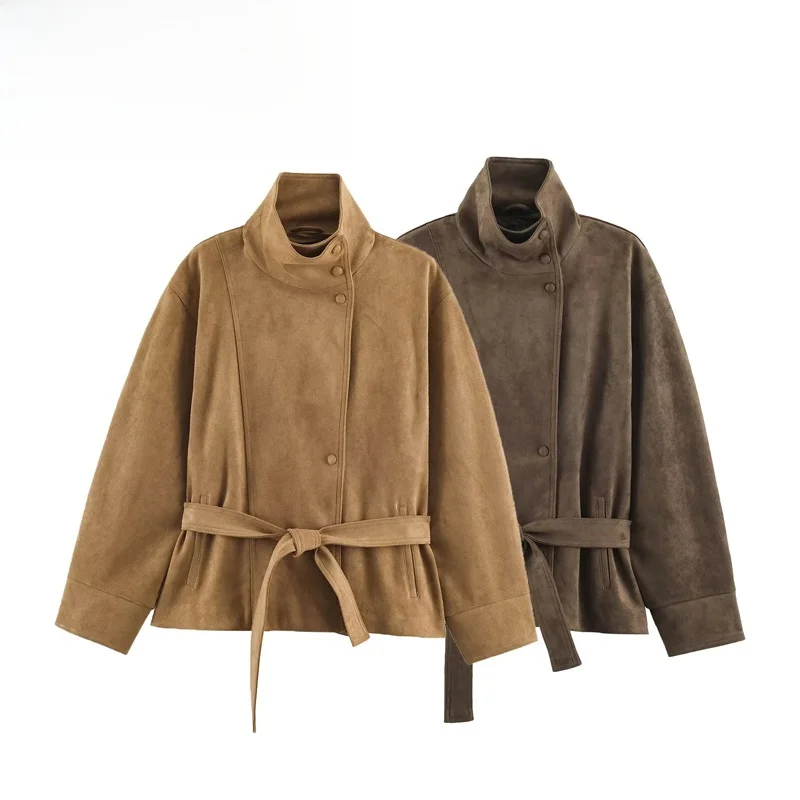 Fashionable Velvet Texture Coat for Women with Belt Autumn Season Long Sleeve Standard Fit European Style Short Outerwear