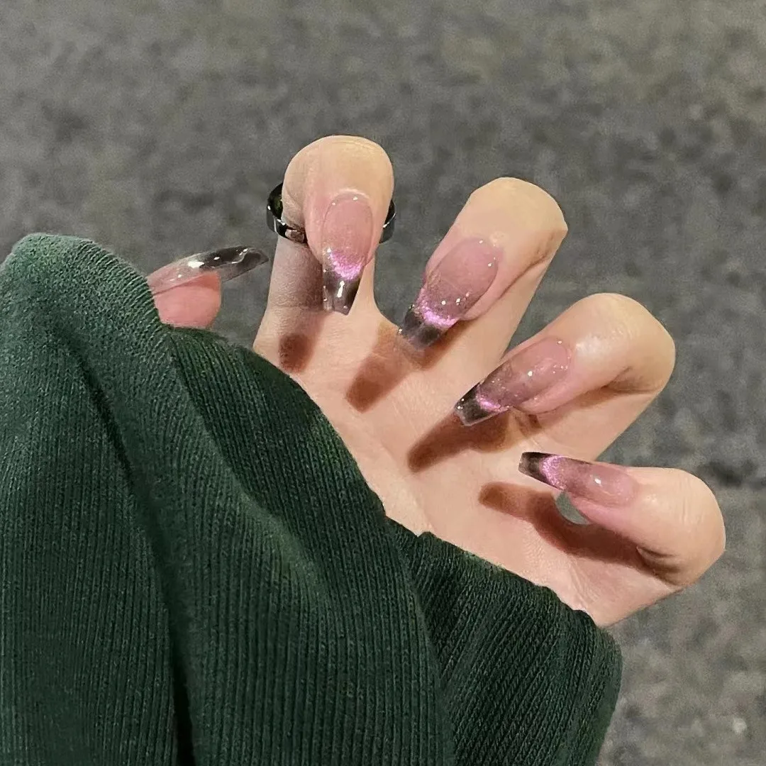 Handmade Purple Cat Eye Nail Tips Wearable Medium-Length False Nails Detachable Patches High-End White Enhancing Nail Art