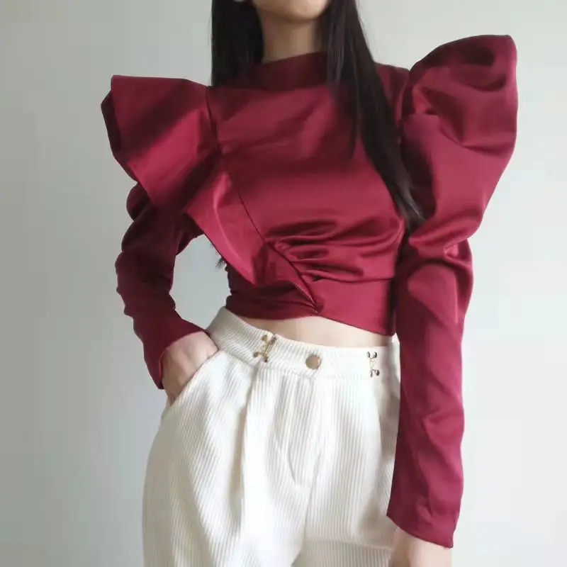 2023 T-shirt Long sleeved ruffled high collar solid color top with back cardigan zipper  womens tops and blouses