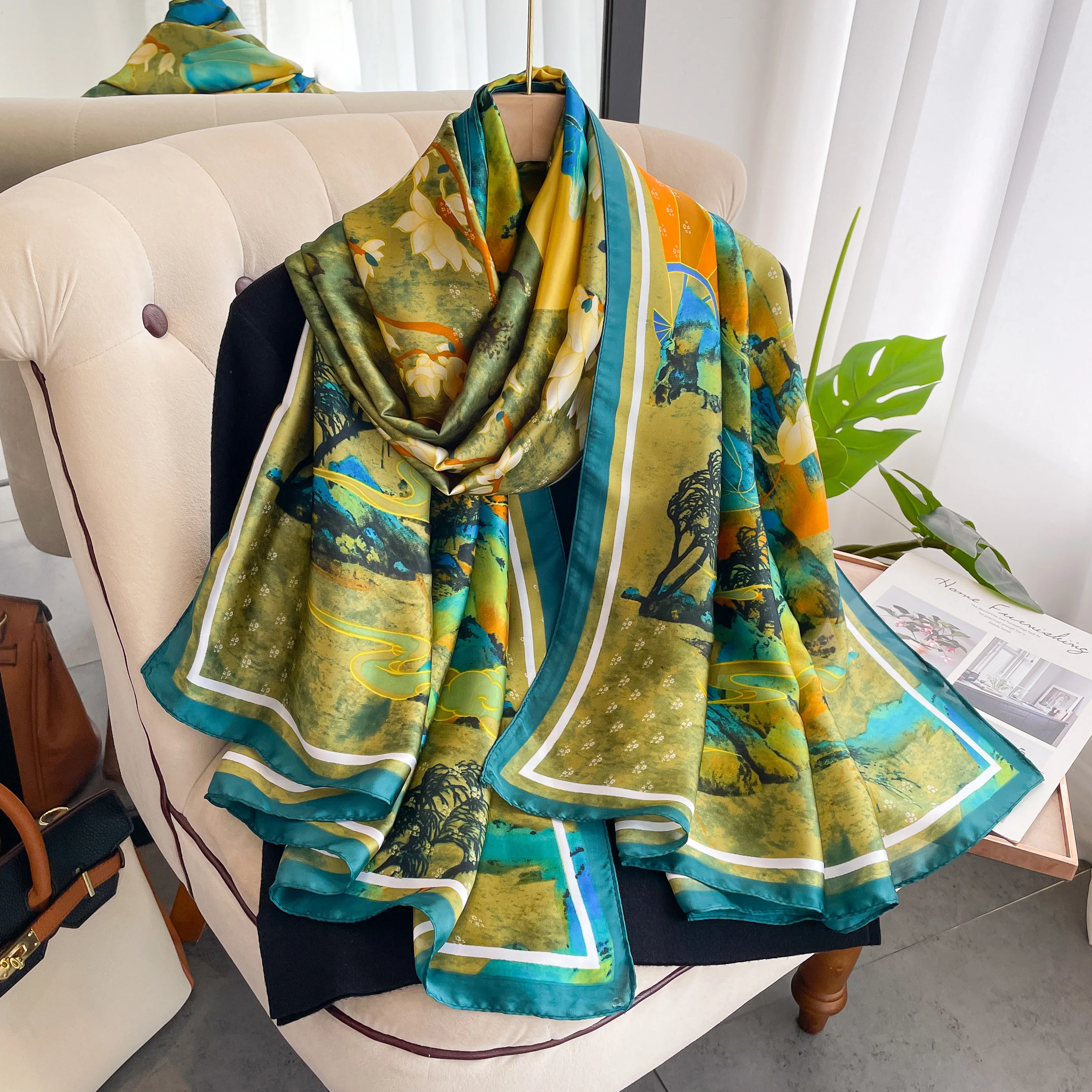 New Simulated Silk Printed Scarf for Women's Autumn and Winter Warmth Scarf Fashionable and Fashionable Foreign Style Shawl