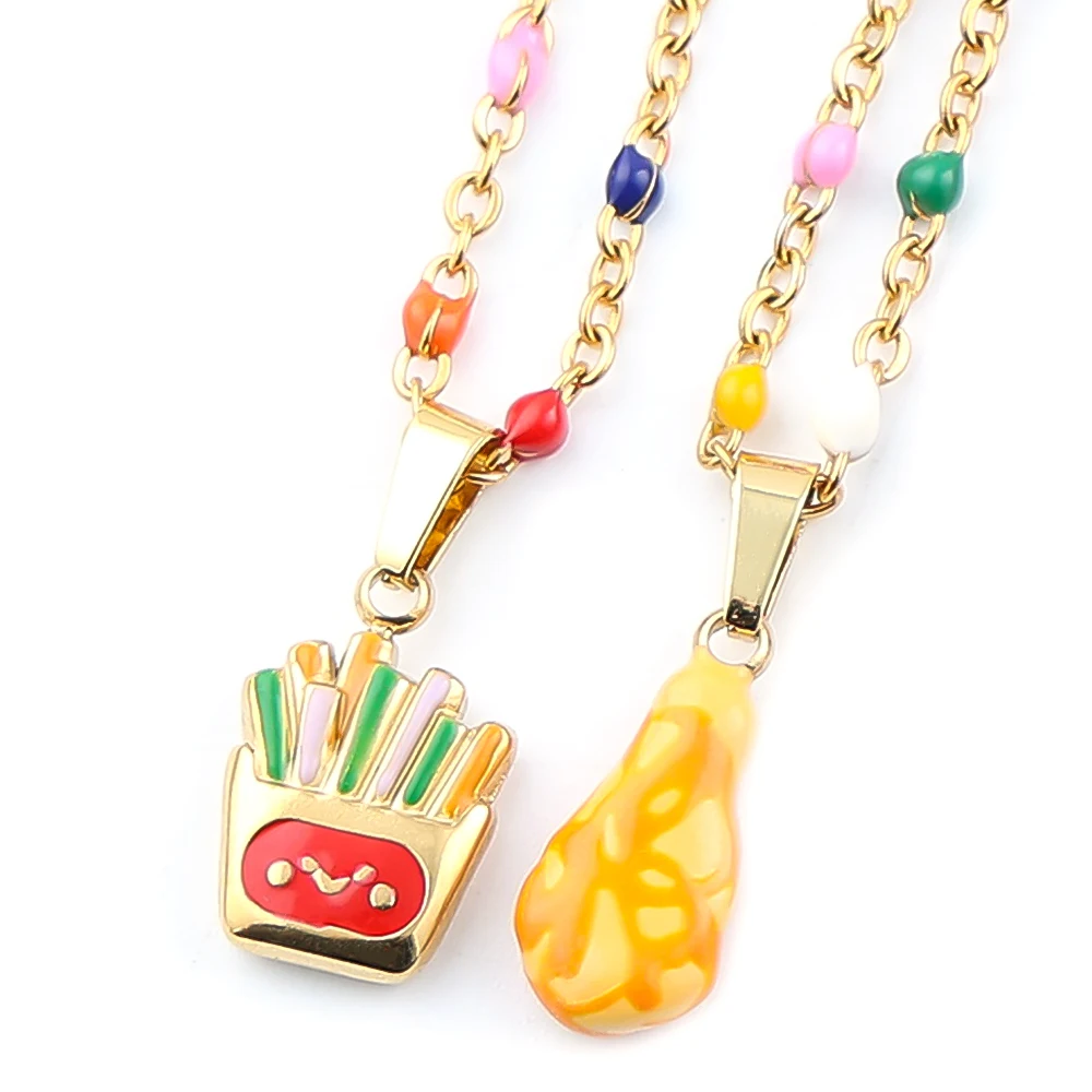 Cute Enamel French Fries Drumstick Stainless Steel Pendant Necklace for Women Colorful Beads Choker Chain Y2K Food Jewelry Gift