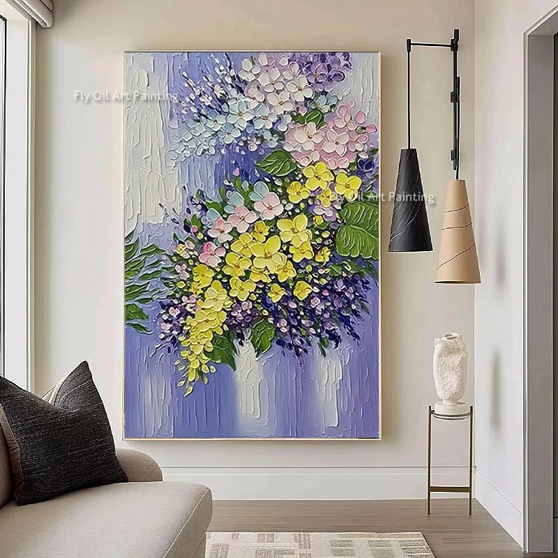 Spring Flowers Handmade Purple And Yellow Florals Canvas Oil Painting Abstract Blue Light Purple Knife Thick Flowers Wall Art